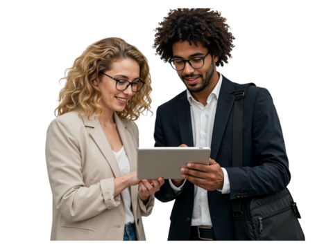 Two diverse business professionals collaborating and discussing information on a tablet computer isolated on transparent background