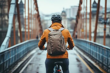 Rear view of a businessman commuting to work on a bicycle, crossing a bridge, promoting a sustainable and eco-friendly lifestyle, Generative AI