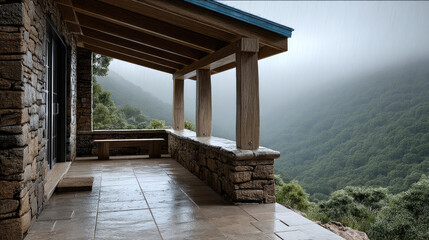 Stone patio wooden beams mountain view misty forest serene atmosphere outdoor bench rainy weather natural landscape