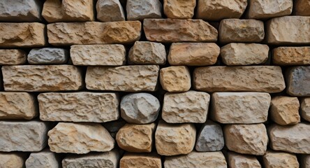 A detailed close up of a wall constructed with irregularly shaped stone blocks neatly
