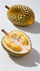 Fototapeta premium Durian half and whole fruit side by side, clear shadowing, isolated on white, premium food photography