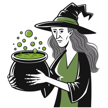 witch holding cauldron, green potion clip art preview