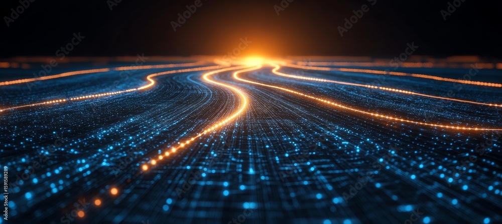 Poster futuristic digital data flow on a circuit board with blue and yellow lines in ai technology