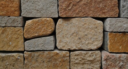 A close up view of a stone wall with varying colors and textures in the stones