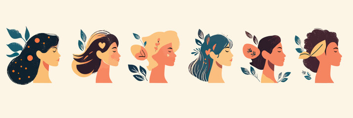 Profile portraits of diverse women with decorative leaves and flowers in flat minimalist vector style representing natural beauty and diversity