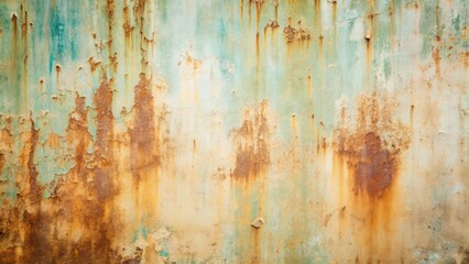 A close up of a weathered metal surface with rust and peeling paint texture effect