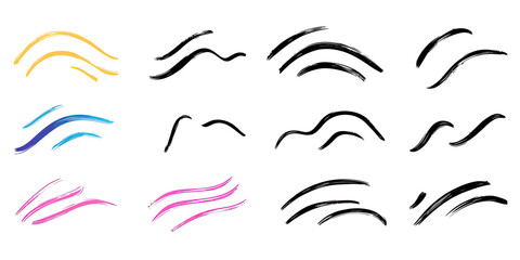 Naklejka premium Colorful and black hand-drawn brush stroke vectors with smooth curved lines and flowing swoosh elements for graphic design and digital accent illustration set