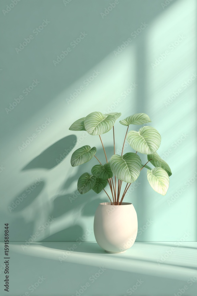 Poster 3d rendering of a green plant growing in white vase on pastel background with window light creating 