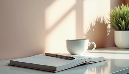 Minimalistic workspace with an open notebook, pen, and cup of coffee on a bright table with soft shadows