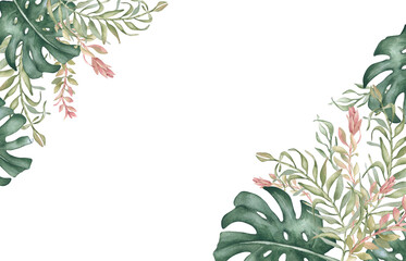 Jungle foliage border watercolor isolated on white. Tropical greenery branches and monstera leaves lush frame hand painted. Design for packaging, resort branding, and beach style stationery.