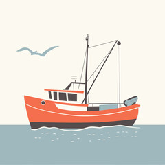 Fototapeta premium Red fishing boat on calm water with seagulls flying nearby minimalist flat vector illustration nautical maritime concept for sea travel and fishing industry design