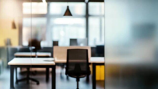 Modern office workspace featuring empty desks and chairs illuminated by bright natural light through large windows, creating calm and productive business interior environment with modern desk