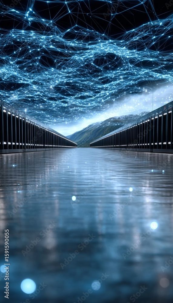 Poster futuristic data infrastructure visualization with digital lake concept and advanced analytics design