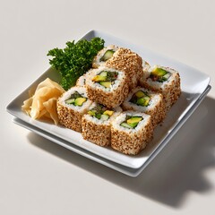Delicious avocado sushi rolls with sesame seeds garnished with pickled ginger and lettuce isolated on white background