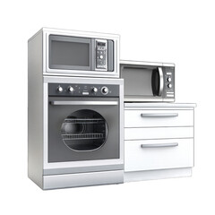 Obraz premium A built-in oven and two microwaves sit atop white cabinetry, showcasing a modern kitchen appliance setup. The image is a digital rendering, with a clean, minimalist aesthetic