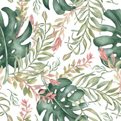 Seamless tropical foliage pattern pink and soft green colors isolated. Watercolor monstera and areca palm leaves hand painted. Jungle foliage pastel tones on repeated background for textile, fabric.
