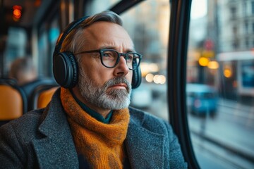 Mature businessman wearing headphones and traveling by bus through the city, portraying the modern commuting experience and balancing work-life commitments, Generative AI