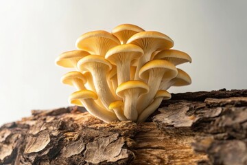 Fresh yellow mushrooms growing on wooden log with natural light on a soft gray background