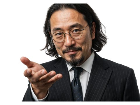 Mature asian businessman with glasses and goatee offering a welcoming gesture isolated on transparent background