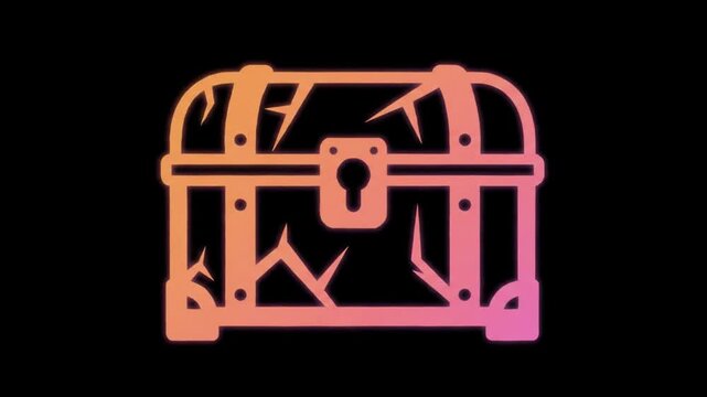 Antique chest with cracks, fantasy icon on a black background.