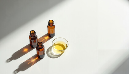 Brown glass essential oil bottles and a small bowl of oil on a bright background with natural light
