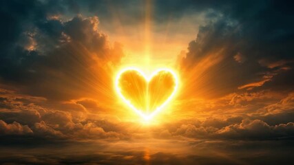 Glowing heart shaped sunlight breaking through dramatic clouds at sunset, bright golden rays in sky creating warm, romantic, and inspiring nature scene full of hope and love - Powered by Adobe