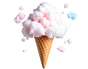 Cotton Candy Cone Tipped Upside Down with Bits Floating, Whimsical Gravity-Defying Concept, isolated