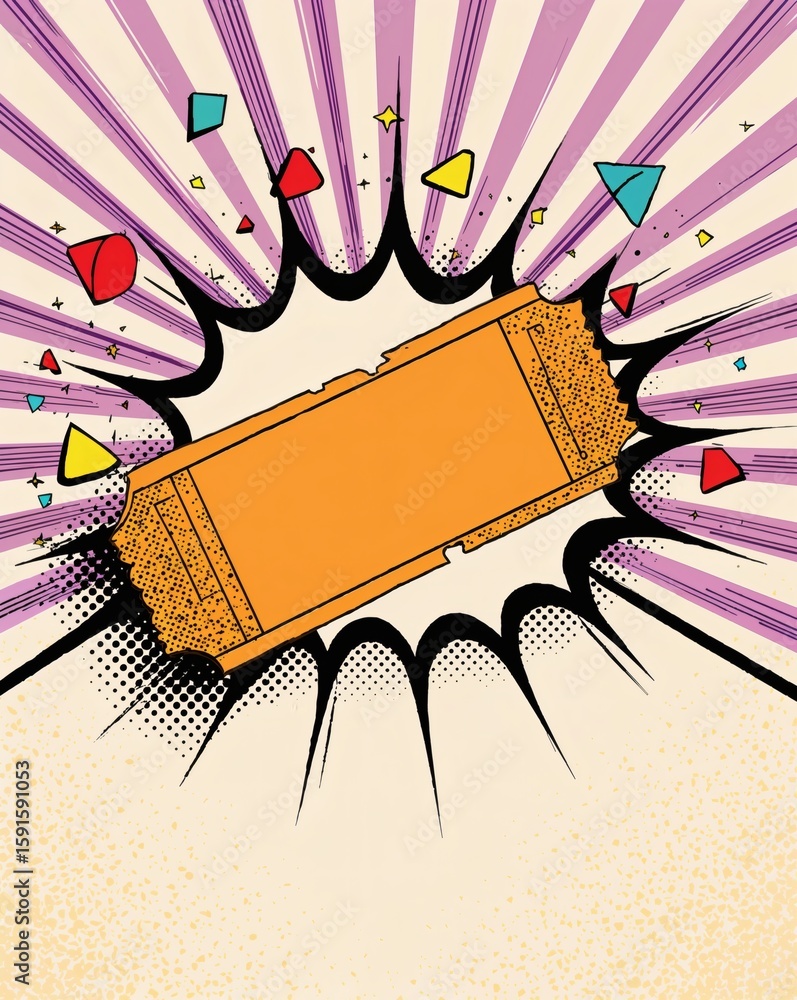 Poster torn movie ticket stub in pop art style with colorful explosive background
