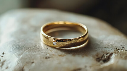 A simple gold band ring with a single diamond sits on a light beige rock