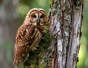 Owl perched on tree trunk in forest (1)