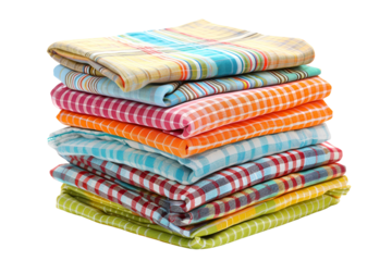 Stack of colorful checkered tablecloths kitchen textiles