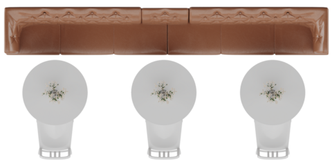 Top view of cafe table and chairs arrangement with three white chairs, round tables and brown leather booth isolated on transparent background