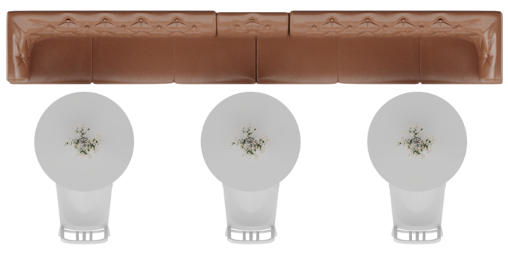 Top view of cafe table and chairs arrangement with three white chairs, round tables and brown leather booth isolated on transparent background - Powered by Adobe