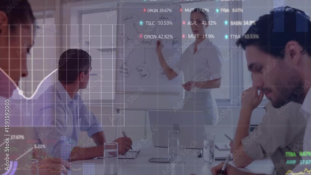 Poster presenter sketching chart illustrating finance trends initiating stock tickers animating over notes