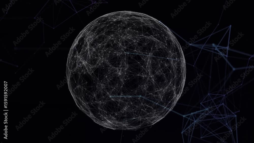 Poster starting sphere pulsing, wireframe sphere spawning nodes, polygon clusters toward dark void