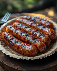 Fototapeta premium Grilled sausages on a plate served outdoors 
