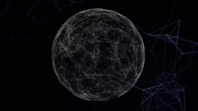 Starting sphere pulsing, wireframe sphere spawning nodes, polygon clusters toward dark void