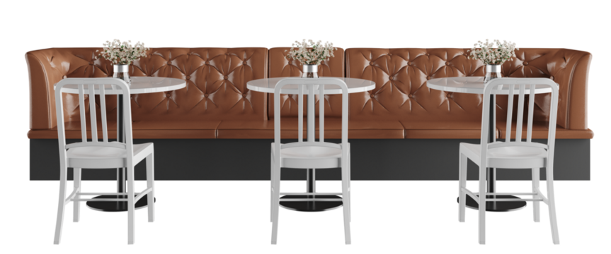 Modern cafe seating with white chairs, round tables and tufted brown leather bench isolated on transparent background - front view