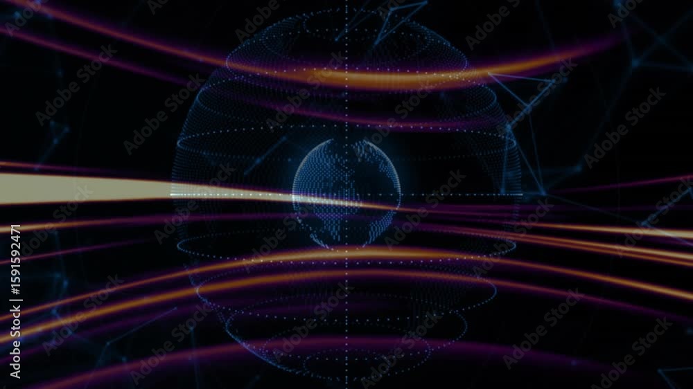 Poster blue globe materializing triggers orange magenta streaks weaving around it to visualize data field