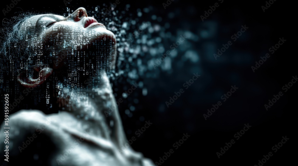 Poster human figure transforms into digital code, symbolizing the surrender of autonomy to artificial intel