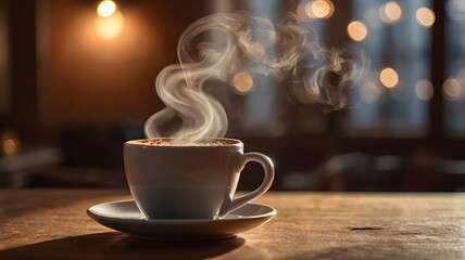 Obraz premium A steaming cup of coffee with the steam forming a heart shape in the air, cozy indoor lighting, warm tones, blurred background with bokeh lights, concept of love,Generative Ai 