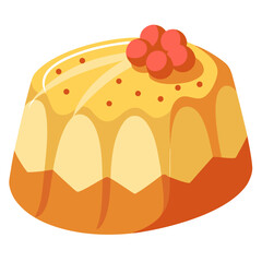  a bundt cake or jelly mold dessert with yellow glaze dripping down the sides, topped with red berries or cherries, and decorated with small red dots on the golden frosting.