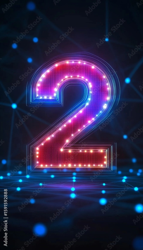 Poster abstract glowing number two in a vibrant digital art expression with futuristic design elements