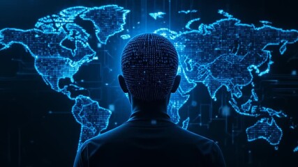 A digital human figure facing a world map symbolizes global digital transformation. 4k video - Powered by Adobe