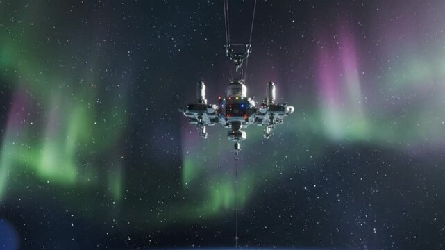 Vertical Orbital Elevator Extending from Planet to Station Cloud Layer & Aurora View