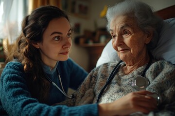 Health visitor conducting an examination on a senior woman  in bed at home, using a stethoscope to monitor her health and provide essential care, Generative AI