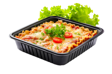 Delicious Lasagna in a Black Container with Lettuce Garnish,