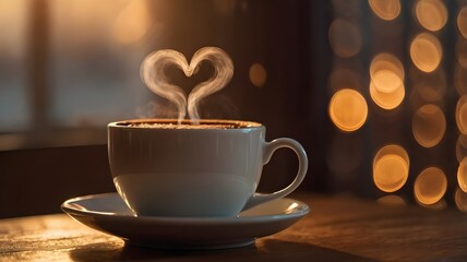 Obraz premium A steaming cup of coffee with the steam forming a heart shape in the air, cozy indoor lighting, warm tones, blurred background with bokeh lights, concept of love,Generative Ai 