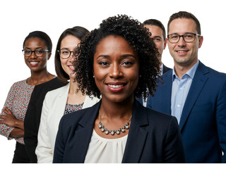 Diverse group of five professional business people smiling confidently together isolated on transparent background