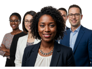Diverse group of five professional business people smiling confidently together isolated on transparent background